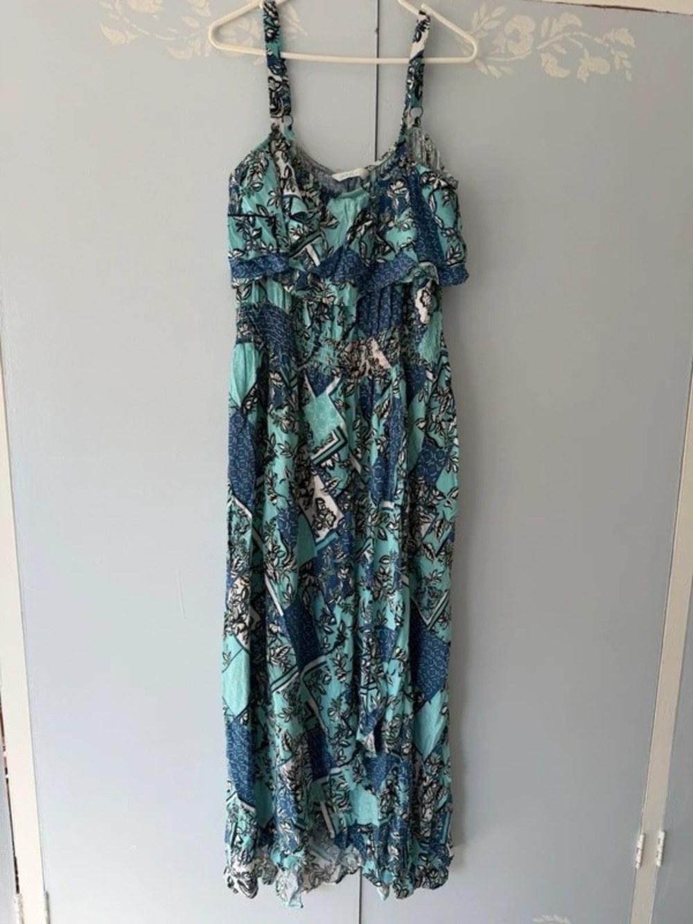Blue Teal Printed Maxi Dress with Ruffle Bodice - Women Dresses